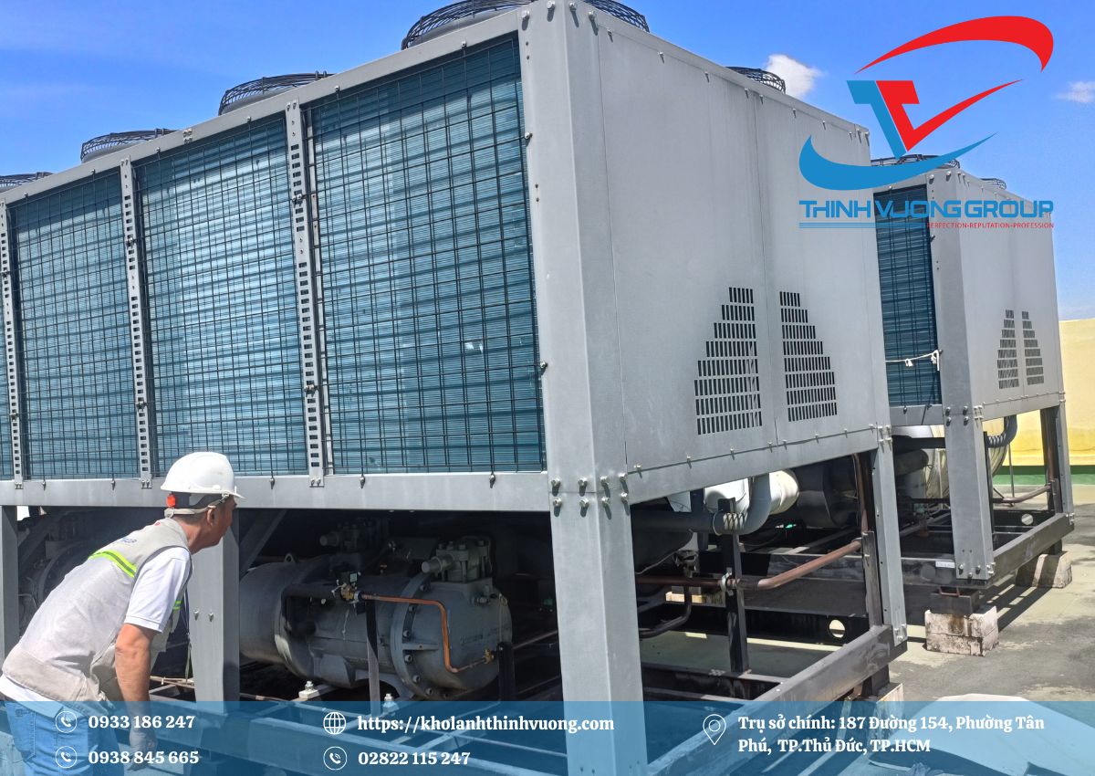 Hệ Thống Chiller Giải Nhiệt Gió 6 Kho Lạnh Thịnh Vượng cung cấp chiller giải nhiệt gió chính hãng, lắp đặt trọn gói, bảo hành 12 tháng
